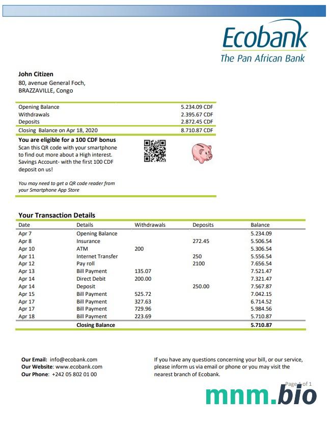 Congo Credit du Congo wzór wyciągu bankowego w formacie Word i PDF